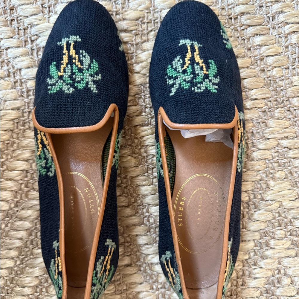 Stubbs & Wootton Black Linen Slippers with Palm Trees